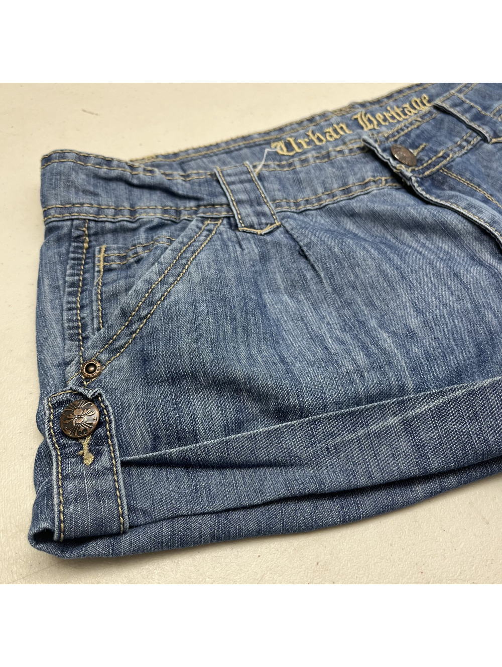 Y2K Urban Heritage Sz 7 Blue Denim Low Rise Cuffed Mini Shorts Grunge Punk 2000s - Picture 3 of 6